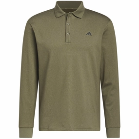 adidas Essentials Heathered Long Sleeve Polo Shirt - Olive Strata Melange Organic Cotton