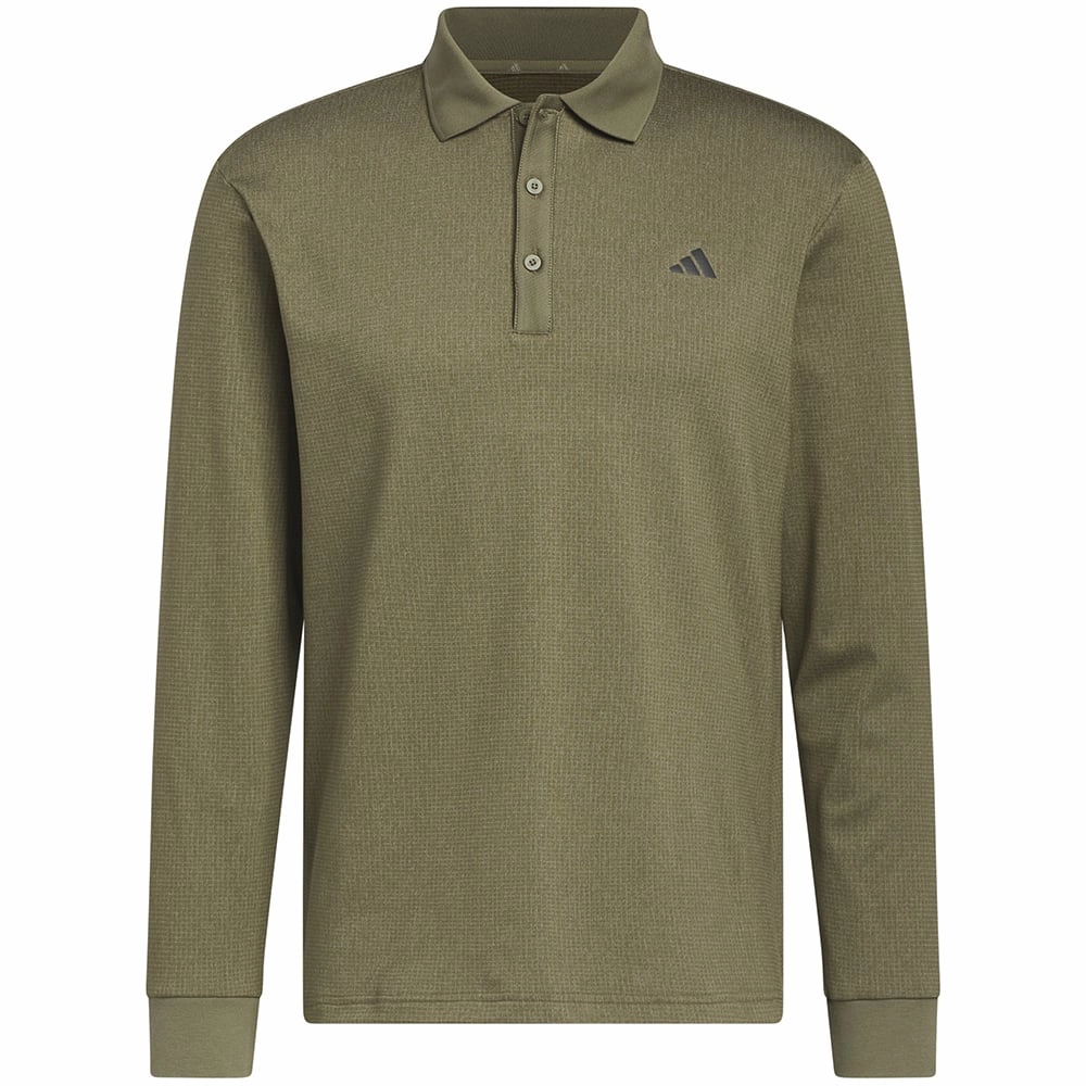 adidas Essentials Heathered Long Sleeve Polo Shirt - Olive Strata Melange Organic Cotton