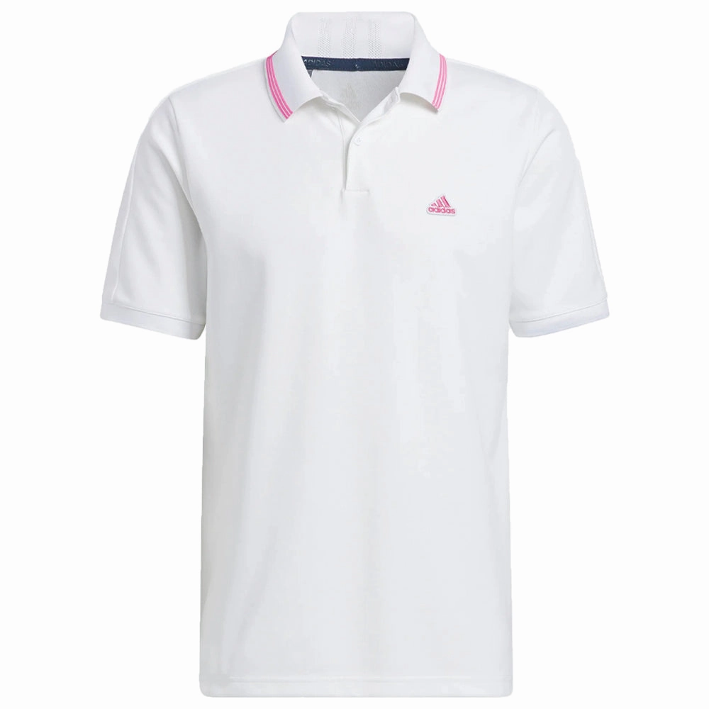 adidas Go-To Pique Polo Shirt - White/Screaming Pink Curved Hemline