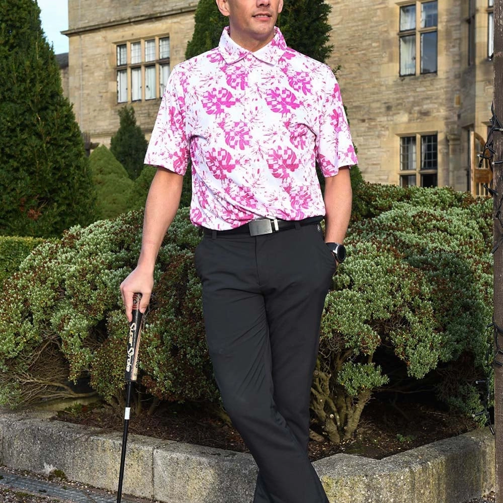 NonIronTechnology ProQuip Sub7 Leaf Print Polo Shirt - White/Rose/Festival