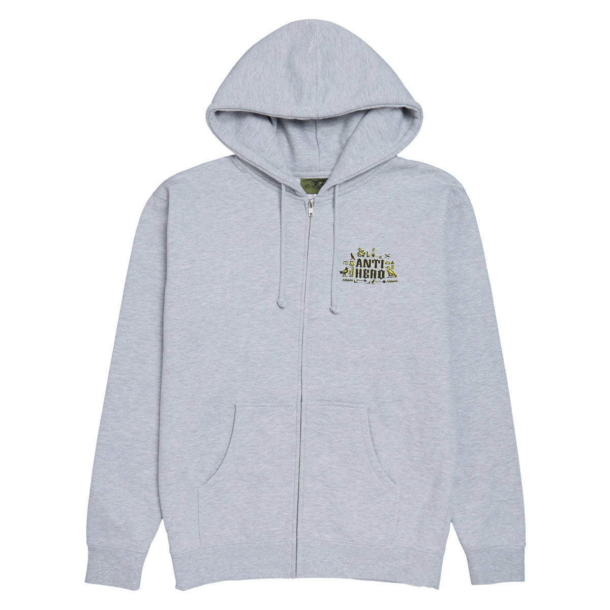 Anti-Hero Anti-Hiero Zip Up Hoodie - Grey Heather/Black/Yellow rollerblade wear Adjustable drawstring