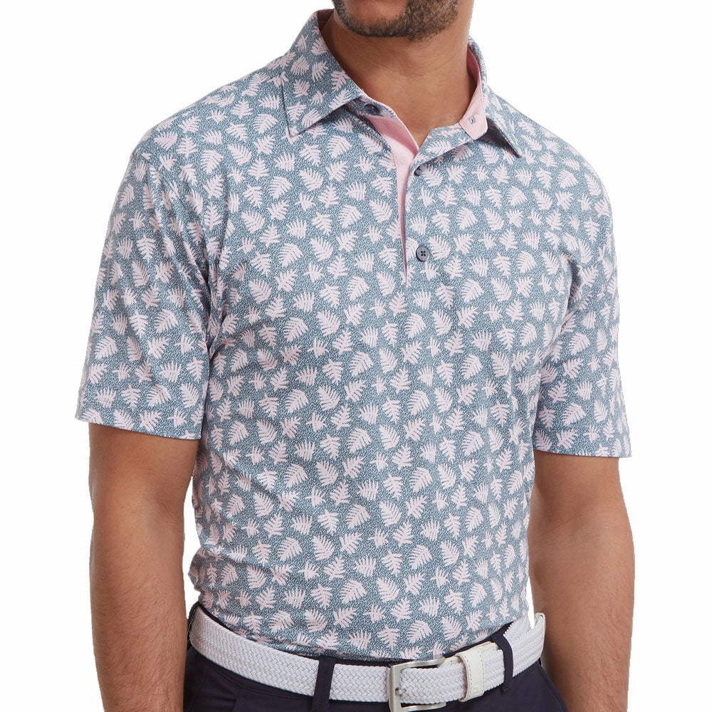 Travel Style FootJoy Shadow Palm Print Pique Polo Shirt - Graphite/Quartz Pink