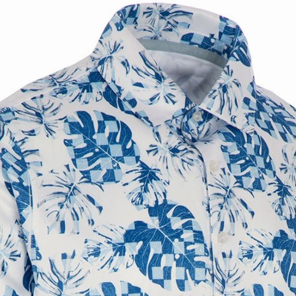 Odor Resistant Treatment DropShoulderDesign ProQuip Sub7 Leaf Print Polo Shirt - White/Royal/Fog