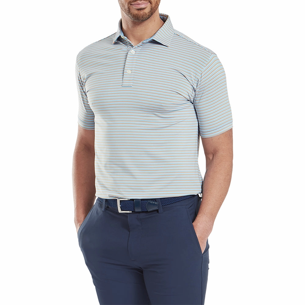 FootJoy Balance Stripe Lisle Polo Shirt - Blue Jay RibbedNeckBanding Low Impact Dye