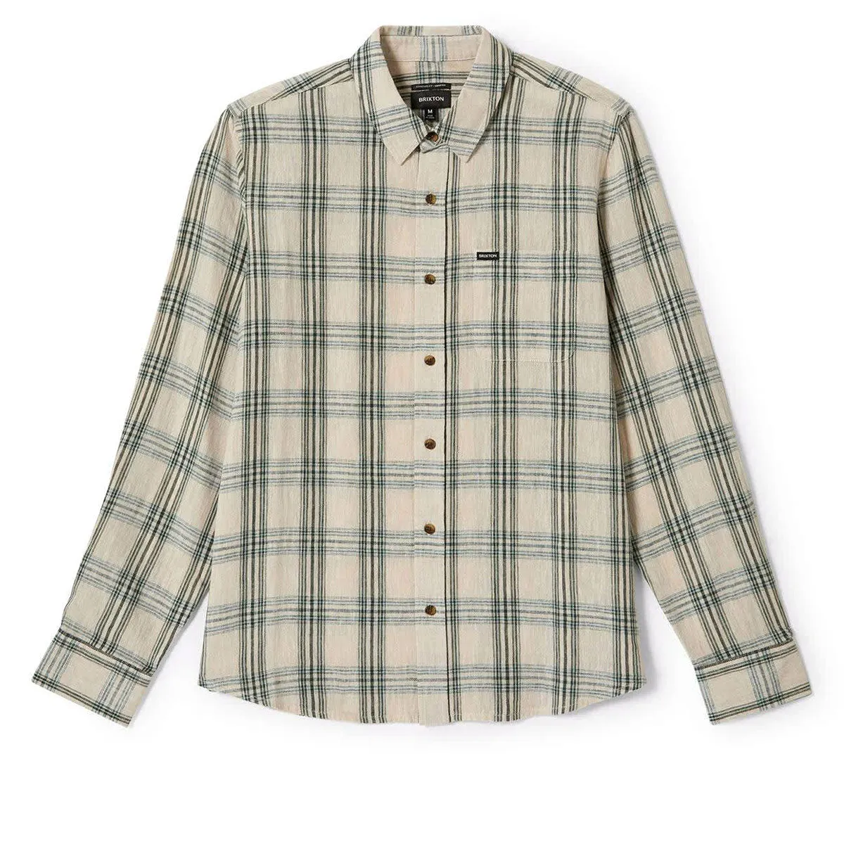 Flexible Placket Structure Brixton Charter Linen Blend Long Sleeve Shirt - Off White/Ivy Green Plaid