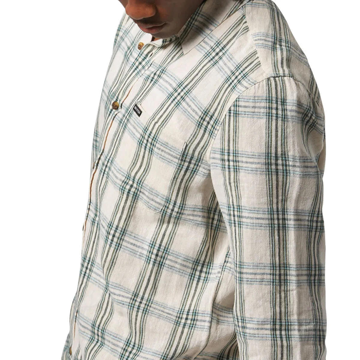 Brixton Charter Linen Blend Long Sleeve Shirt - Off White/Ivy Green Plaid Lounge Wear Workwear Essential