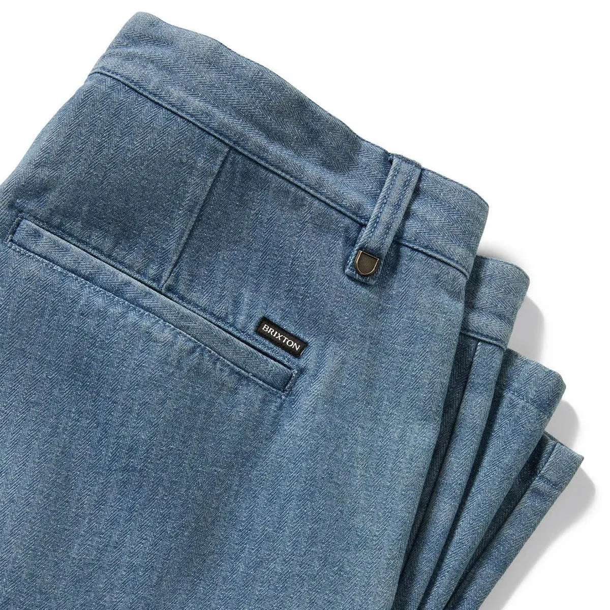 Brixton Choice Chino Baggy Shorts - Light Wash Denim Herringbone Flexible Movement Cut QuickAdjustStraps