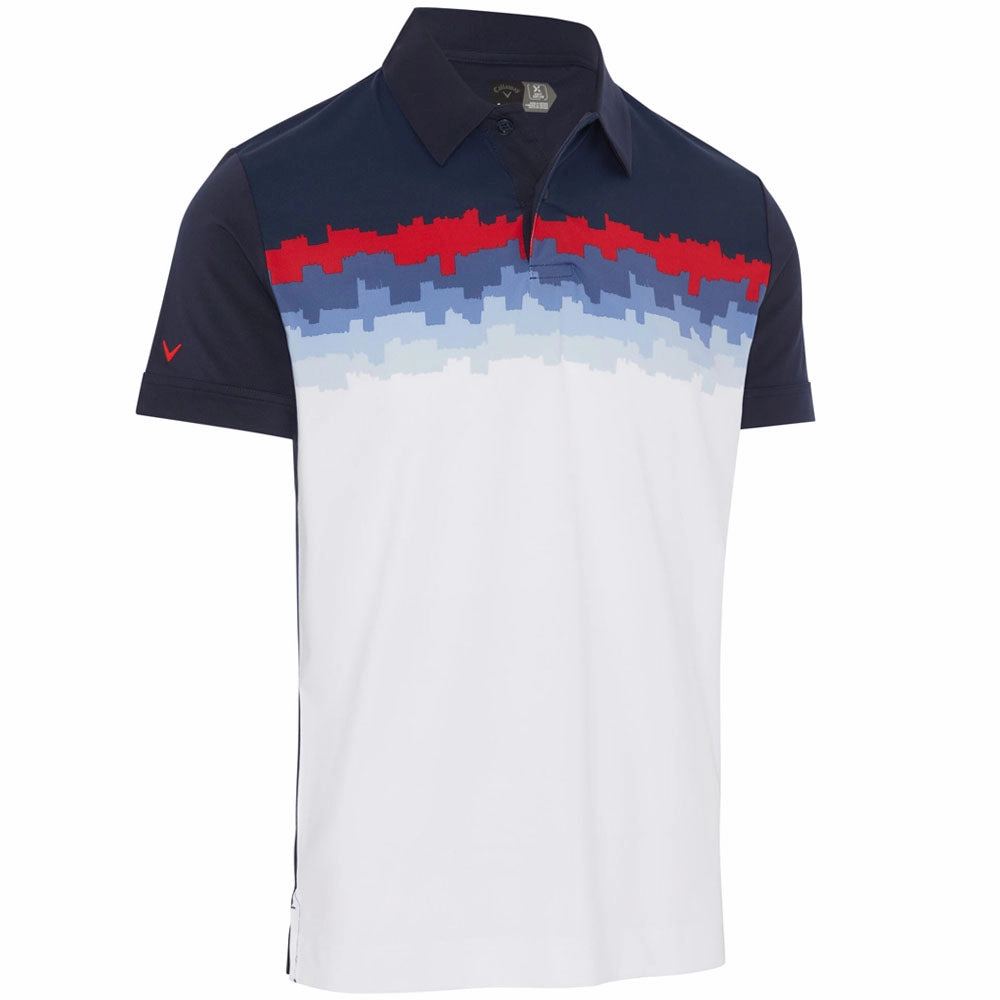 Lightweight Weave Callaway Skyline Block Print Polo Shirt - Navy Blazer
