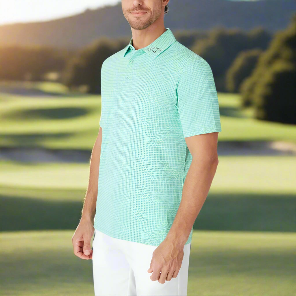 Callaway Warped Gingham Print Polo Shirt - Neptune Green Cool and Comfortable