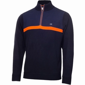 embroidery accents Bar Night Calvin Klein Magnet 1/2 Zip Lined Sweater - Navy/Blaze