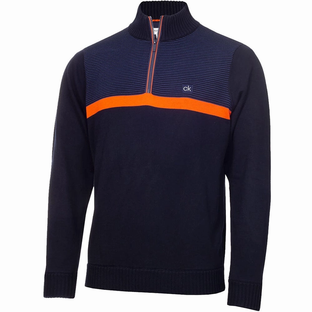 embroidery accents Bar Night Calvin Klein Magnet 1/2 Zip Lined Sweater - Navy/Blaze