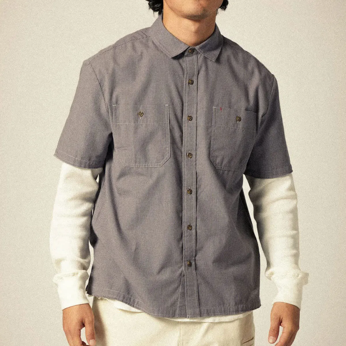 Brixton Cru Micro Plaid Shirt - Washed Navy Micro Plaid Monochrome Palette