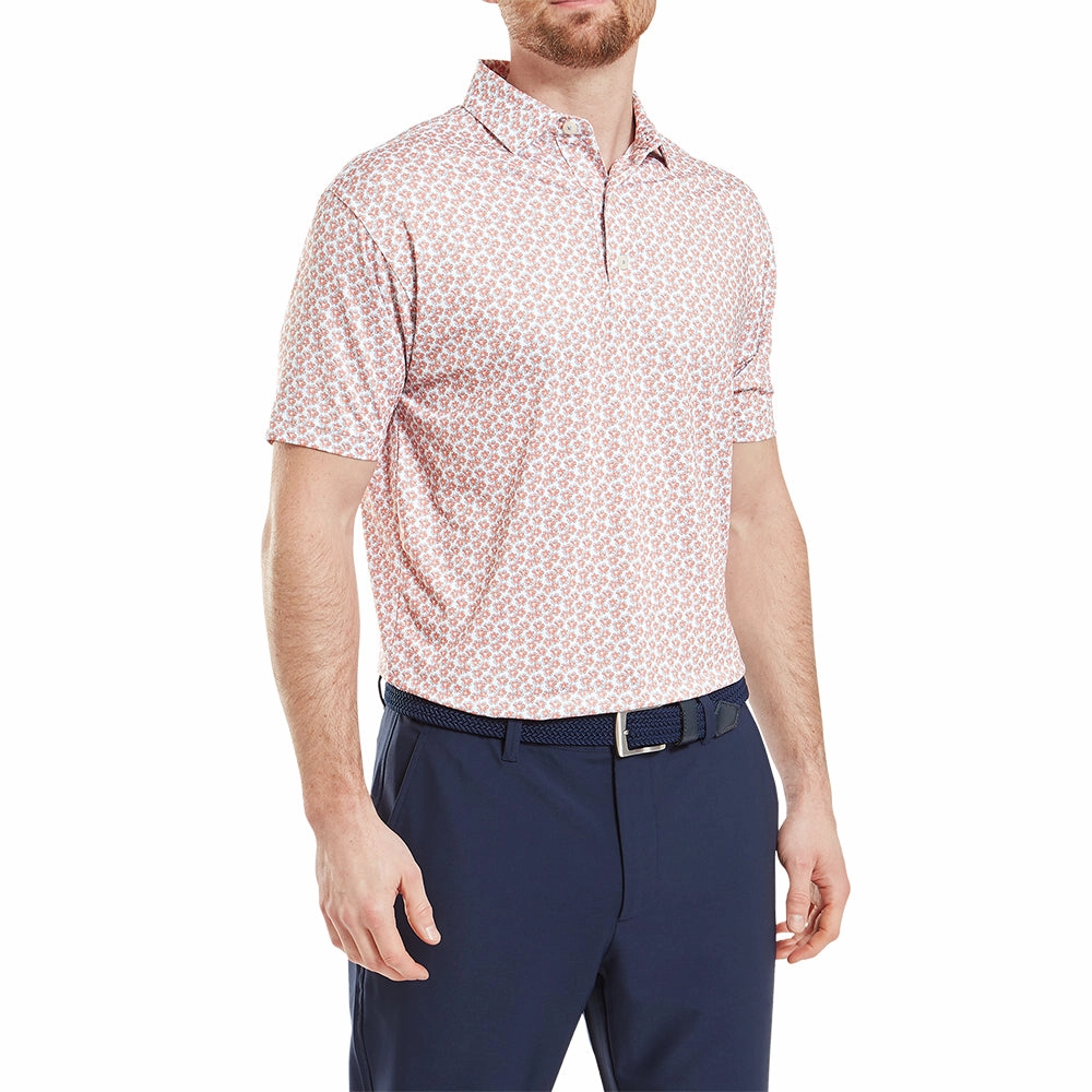 FootJoy Floral Sketch Print Lisle Polo Shirt - Orange/White Circular Knit Design Comfortable And Versatile