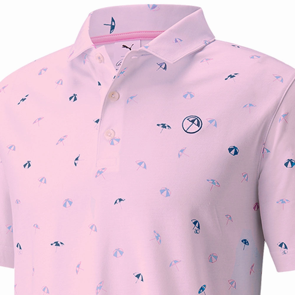 Low Impact Manufacturing Ribbed Collar Trim Puma AP Cloudspun Dancing Umbrellas Polo Shirt - Pale Pink/Lavendar Pop