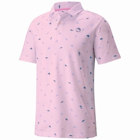 Foam Print Detail Puma AP Cloudspun Dancing Umbrellas Polo Shirt - Pale Pink/Lavendar Pop