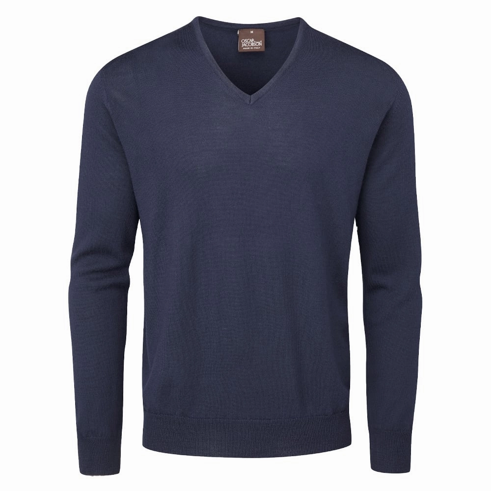 Trendy Oscar Jacobson Weston V-Neck Merino Sweater - Navy