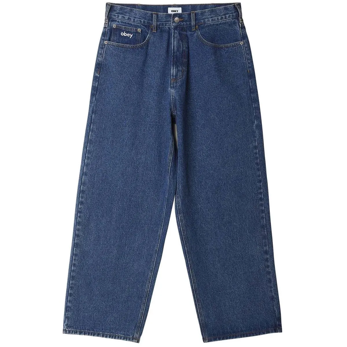 Non Slip Waist Grip Soft Brush Lining Obey Bigwig Baggy Denim Jeans - Stone Wash Indigo