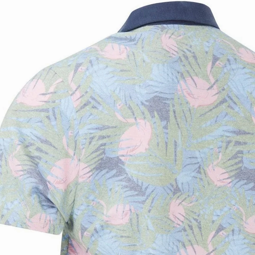 Original Penguin Flamingo Print Polo Shirt - Black Iris Organic Cotton Blend Layered Hem Detail