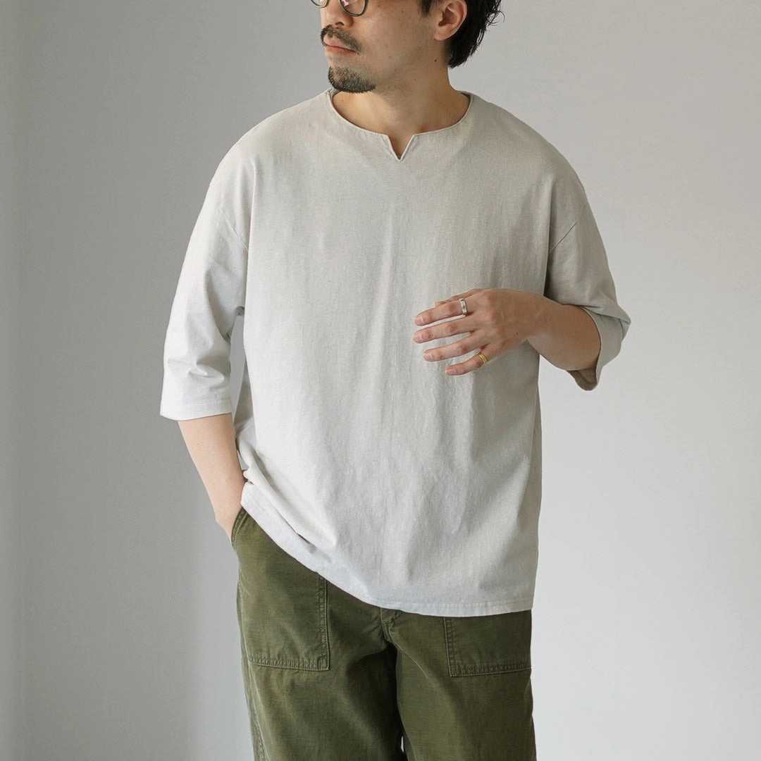 KEMA DESIGNS / Linen Cotton Key Neck T-Shirt Comfortable Stretch