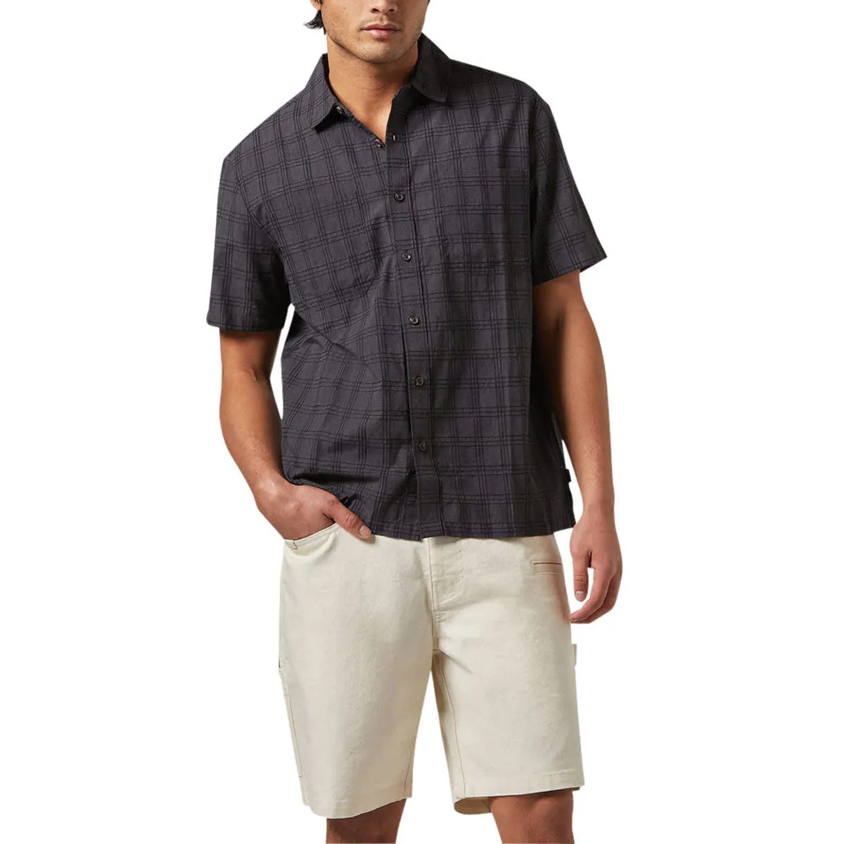 Refined Aesthetic Holiday Gift Brixton Cru Oxford Plaid Shirt - Charcoal/Black Plaid