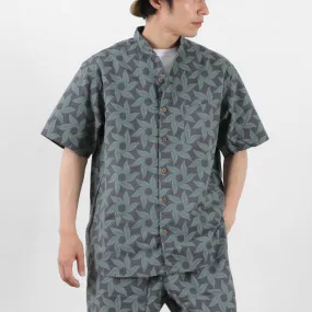 Polished Placket Boho chic GOHEMP / Collarless Short Sleeve Shirt Tornado Print