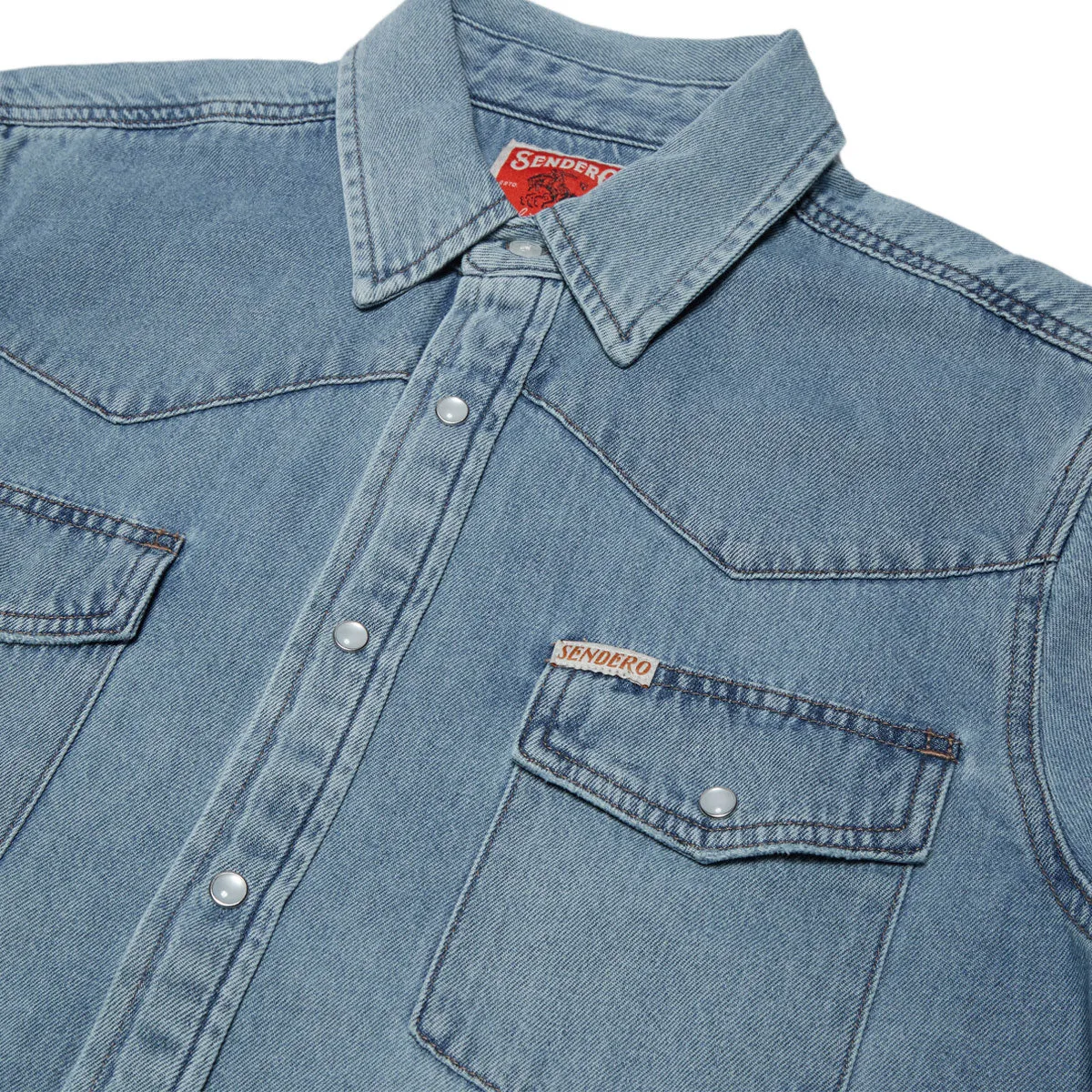 Sendero The Wyatt Pearl Snap Long Sleeve Shirt - Vintage Denim Tuckable Hem Non Iron Material