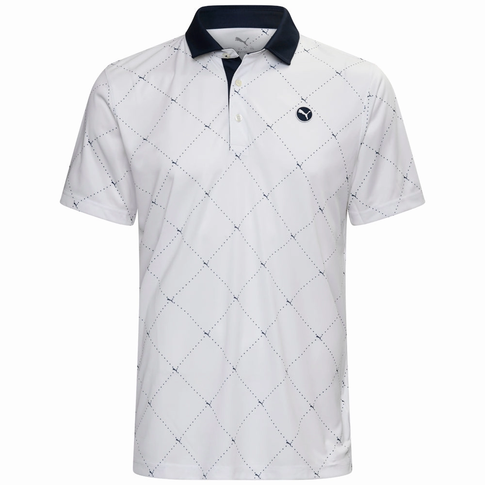Puma Pure 2.0 Argyle Polo Shirt - White Glow/Deep Navy Long Sleeve Airflow Mesh Panels