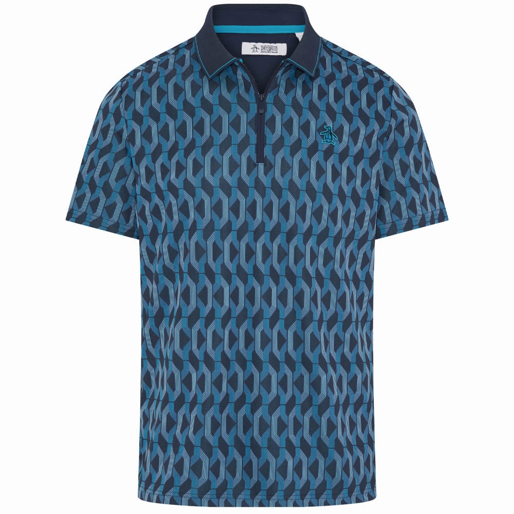 Original Penguin All Over YD Jacquard Colour Block Polo Shirt - Black Iris RelaxedFit Quick Drying