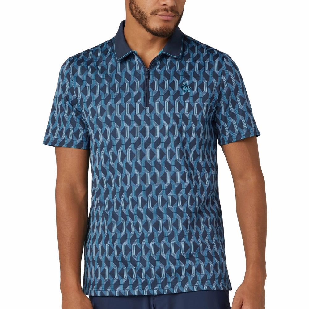 Original Penguin All Over YD Jacquard Colour Block Polo Shirt - Black Iris Breathable fabric UVProtectionFinish