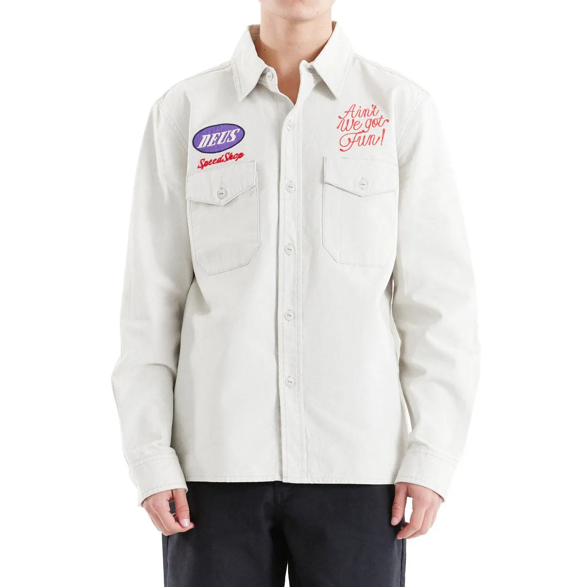 Deus Ex Machina Tin Lizzie Long Sleeve Shirt - Dirty White Laser Cut Edge Detail First Date