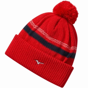 Mizuno Breathe Thermo Knit Pom Pom Beanie - Red Winter Mood