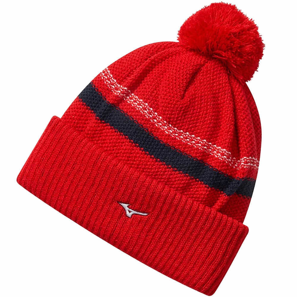 Mizuno Breathe Thermo Knit Pom Pom Beanie - Red Winter Mood