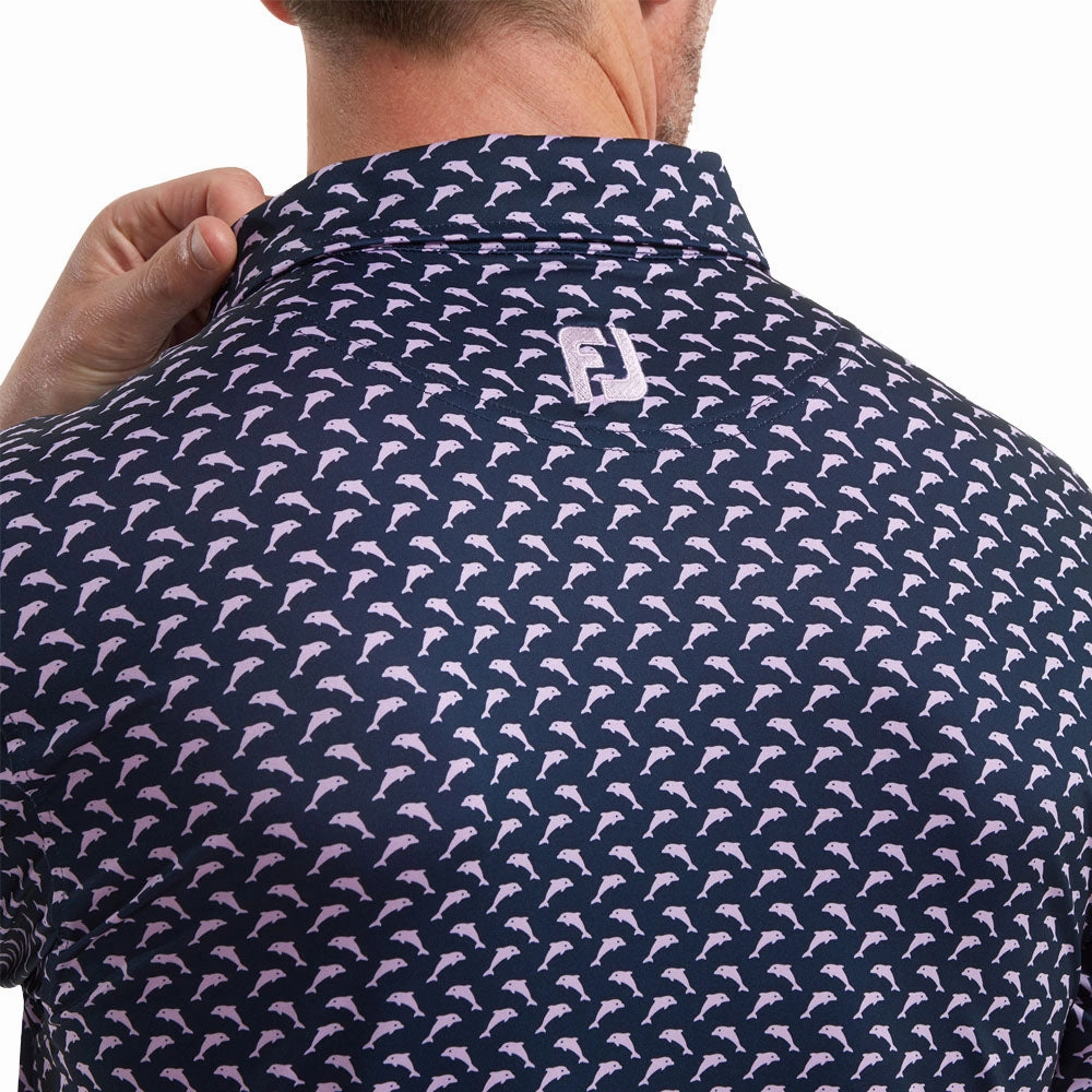 FootJoy Dolphins Print Lisle Polo Shirt - Navy/Lavender Classic Design