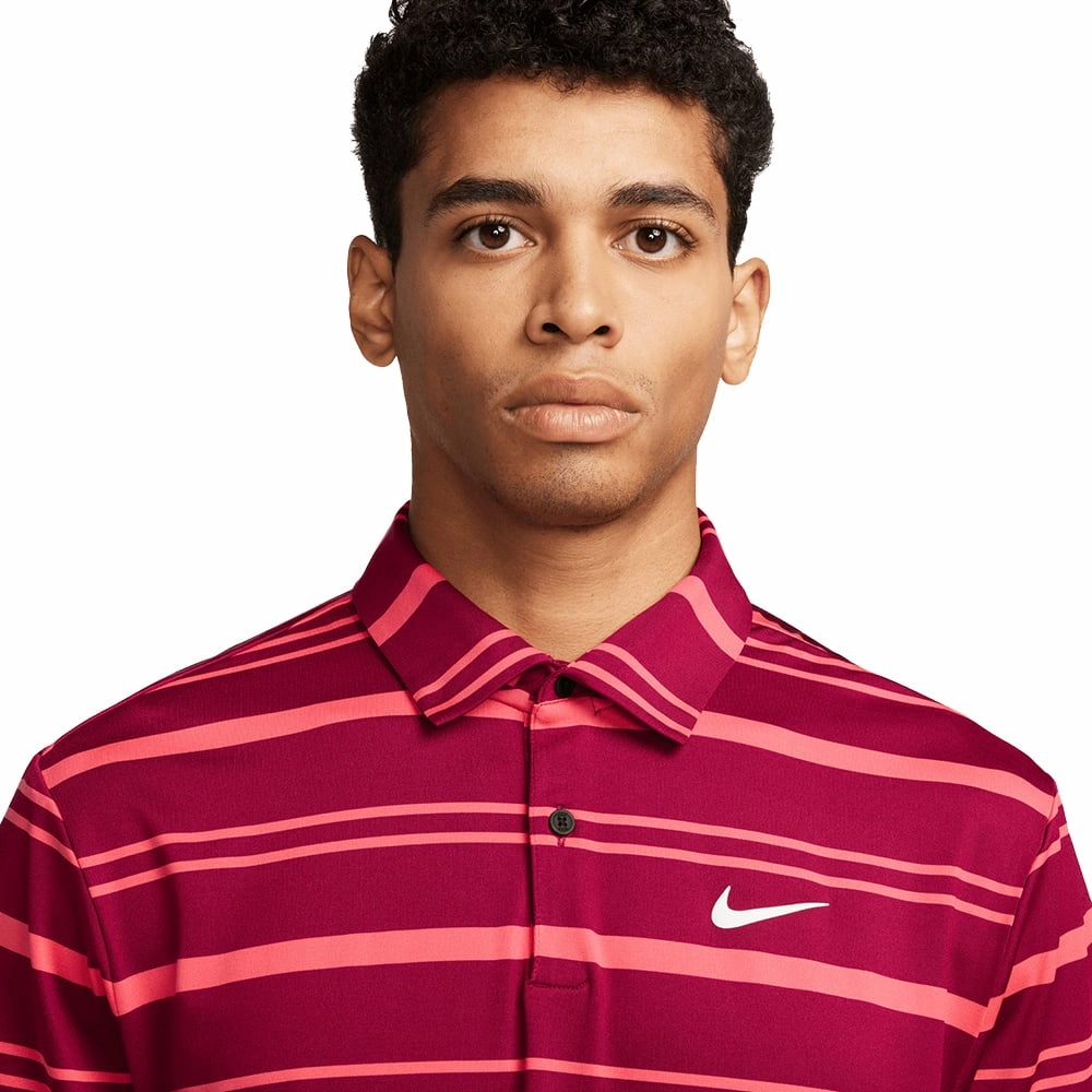 Comfortable Casual Nike Dri-FIT Tour Stripe Polo Shirt - Noble Red/Ember Glow/White