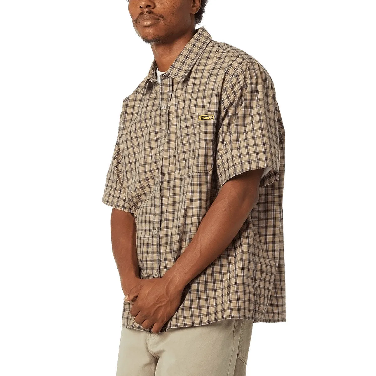 Durable Quality Embroidered Detail HUF Stretch Micro Plaid Shirt - Clay