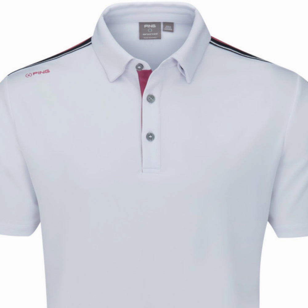 Ping Inver Polo Shirt - White/Navy Multi Double Stitched Seams Flexible Neckband