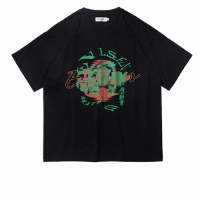 Stone Wash Process Trendy Design Evisen Enma T-Shirt - Black