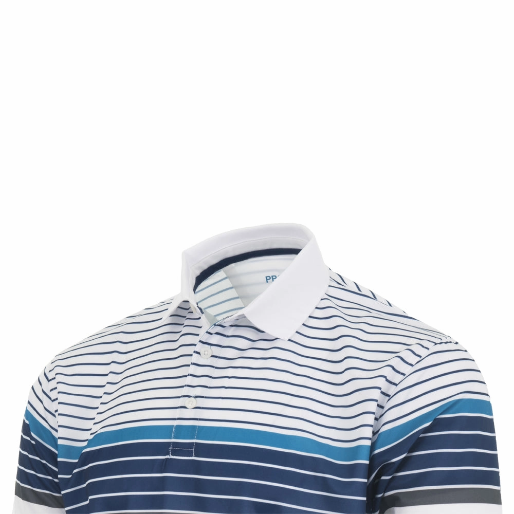 ProQuip Technical Chest Stripe Golf Polo Shirt - White/Blue Perfect Fit