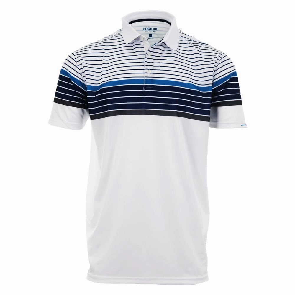 EasyCareFabric Minimalistic Wear ProQuip Technical Chest Stripe Golf Polo Shirt - White/Blue