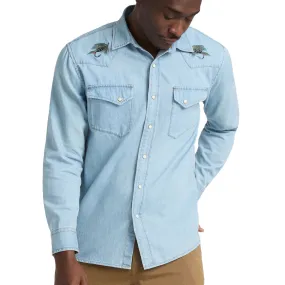 Pendleton Gambler Denim Long Sleeve Shirt - Light Denim/Salmon Casual Comfort Soft Stretch Collar