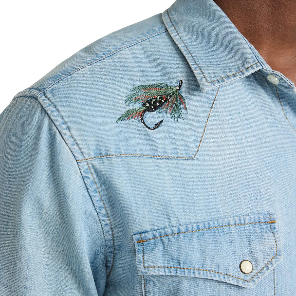 Interview Ready Abrasion Resistant Edging Pendleton Gambler Denim Long Sleeve Shirt - Light Denim/Salmon