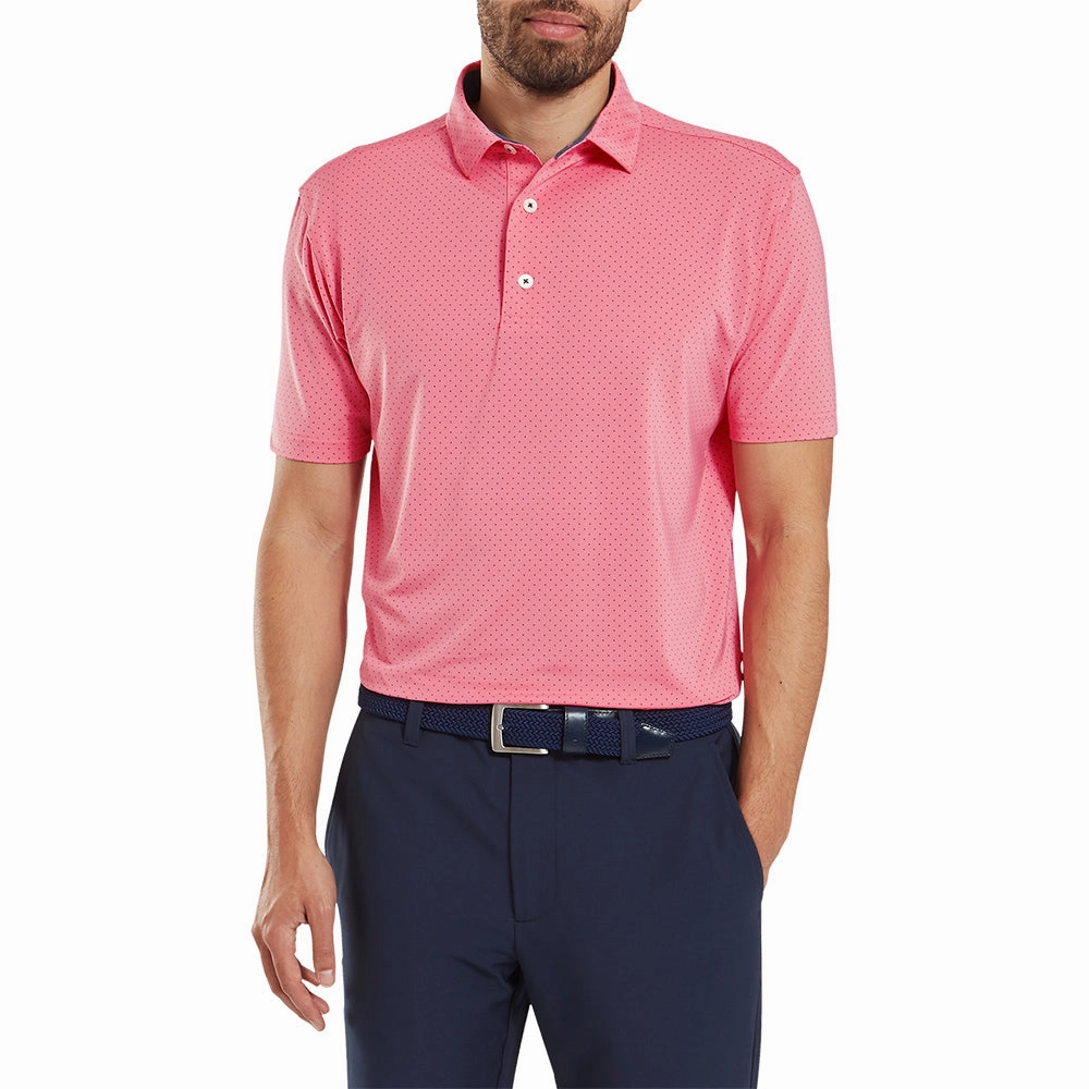 FootJoy Stretch Lisle Dot Print Polo Shirt - Pink Lemonade DoubleLayeredCollar Chilly Layer