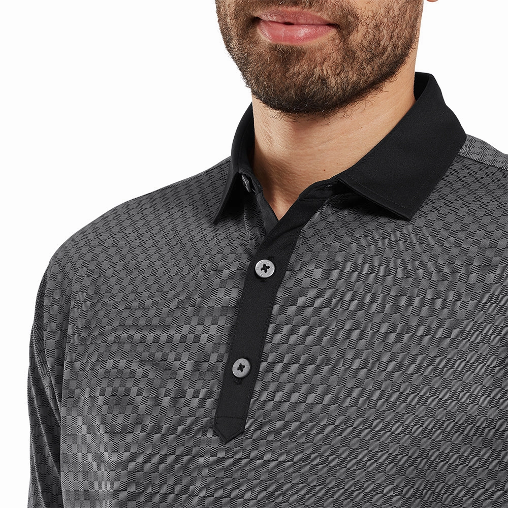 FootJoy Checker Jacquard Polo Shirt - Black/White Classic Crew Neck Geometric Print