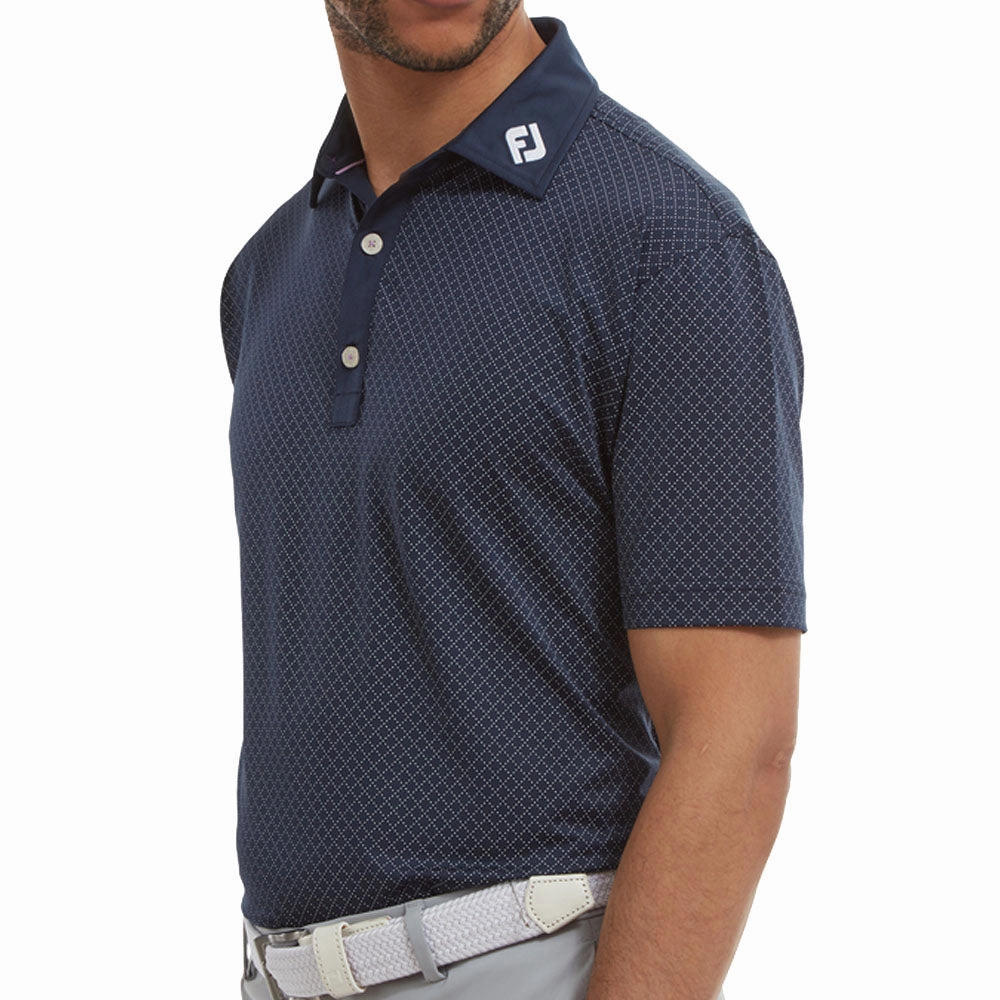FootJoy Diamond Dot Print Lisle Polo Shirt - Navy/White Street Trendy Layered Shoulder Design