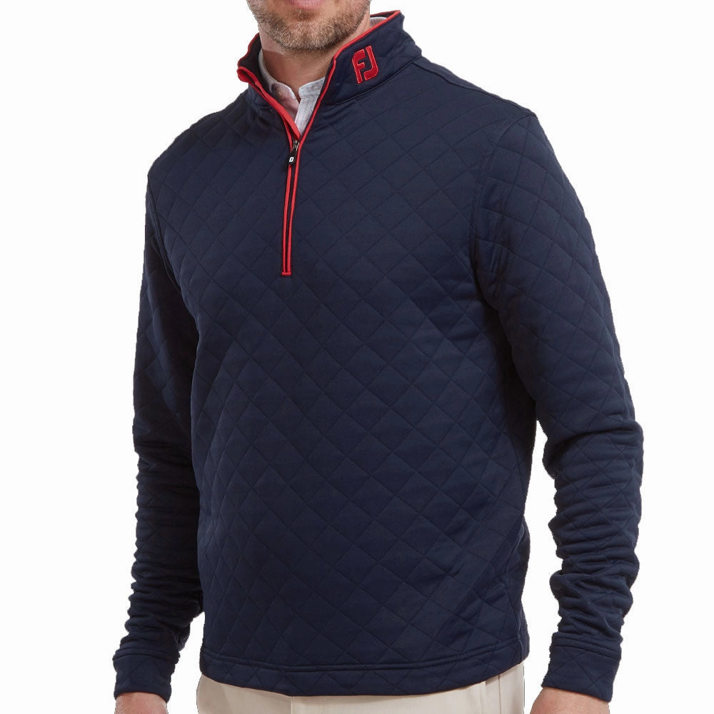 FootJoy Diamond Jacquard 1/4 Zip Pullover - Navy/Bright Red sock accents slim cut