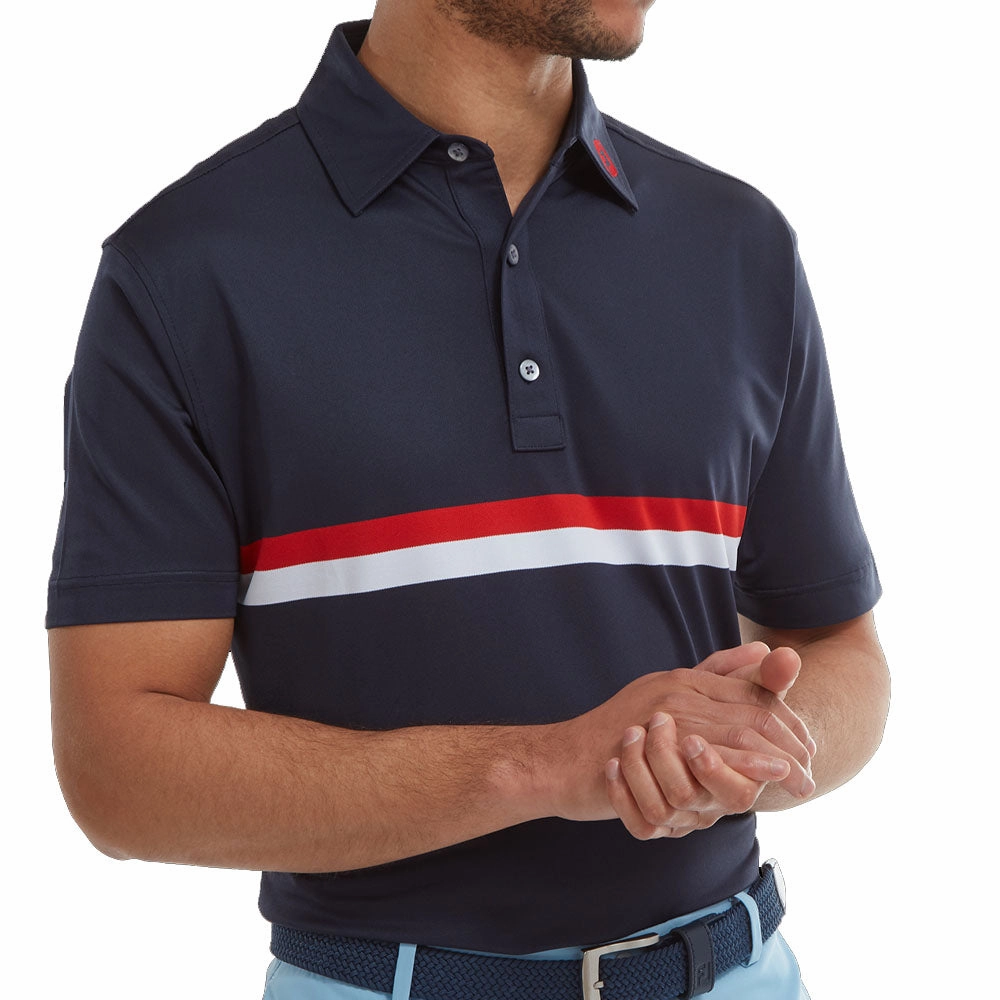 FootJoy Double Chestband Pique Polo Shirt - Navy/Red/White Vibrant Prints