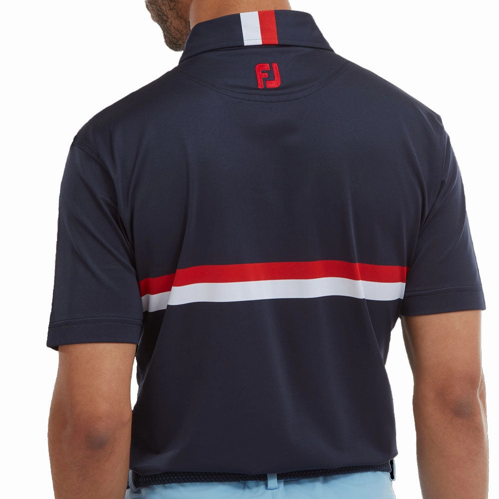 Travel Essential Chic Comfort Style FootJoy Double Chestband Pique Polo Shirt - Navy/Red/White