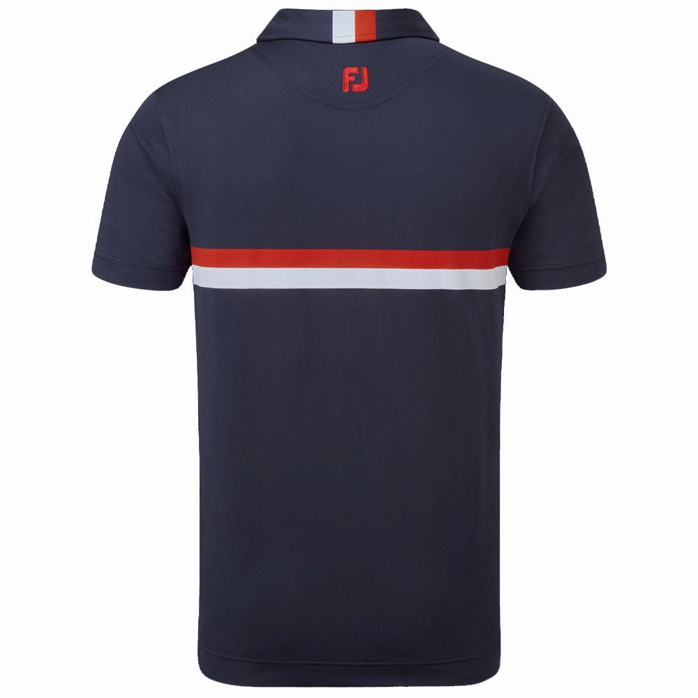 Curved Hem FootJoy Double Chestband Pique Polo Shirt - Navy/Red/White