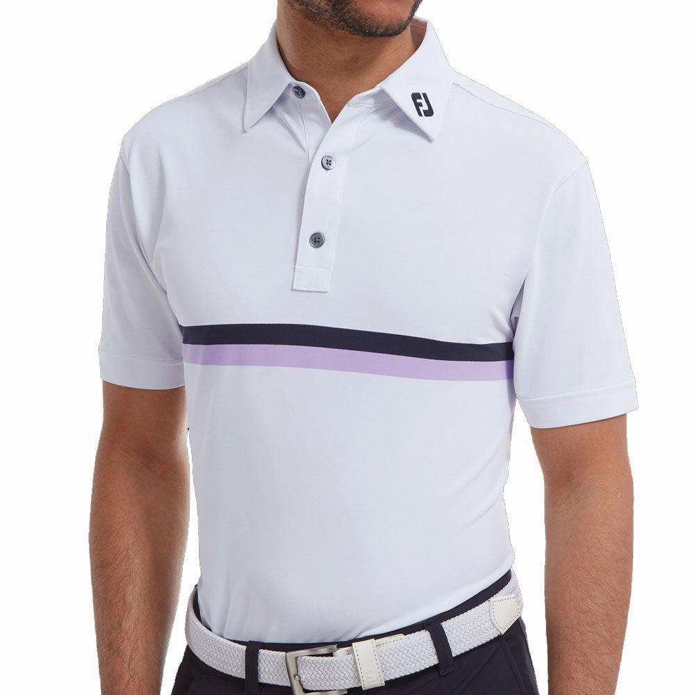 Weekend Outfit QuickDry FootJoy Double Chestband Pique Polo Shirt - White/Navy/Lavender