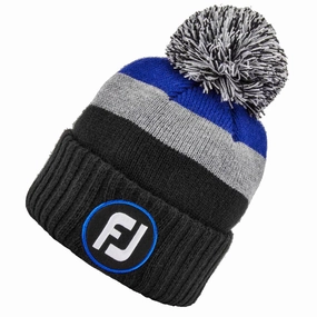 Machine washable FootJoy FJ Bobble Beanie Hat - Black/Grey/Royal